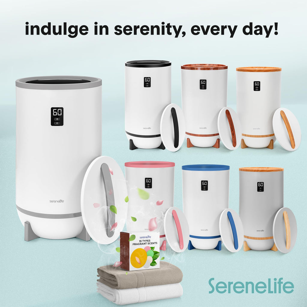 SereneLife Towel Warmer & Blanket Warmer, Single Touch Hot Towel Warmer with LED Ring, Timer, Auto Shut Off, 21.5" Bathroom Towel Warmer with 20L Capacity Fits 2 Towels, Includes 2 Fragrance Discs