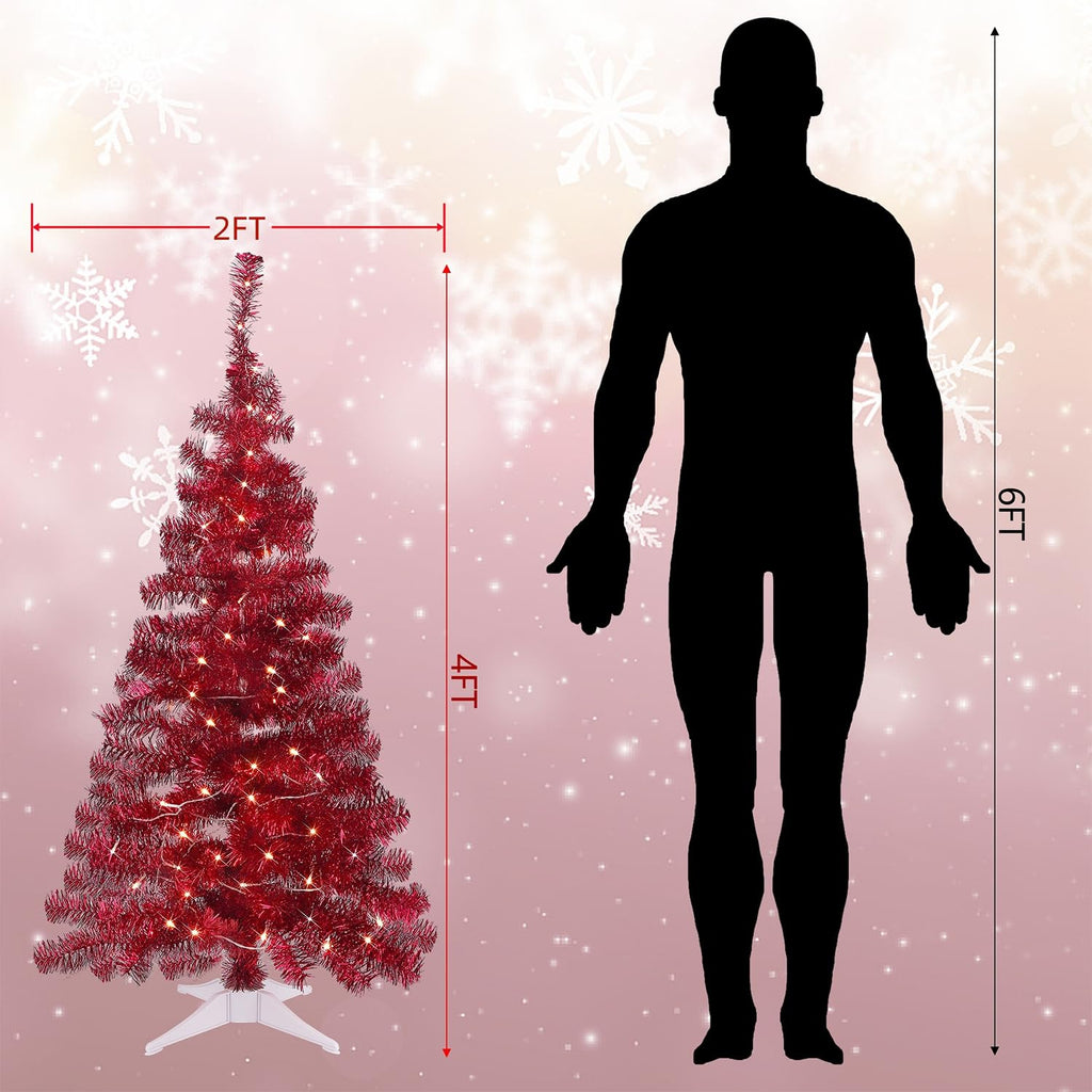 Juegoal 4 FT Pre-lit Artificial Christmas Tree, Lighted Red Tinsel Pine Spruce Tree with 70 LED Lights, 8 Modes & Timer, Xmas Holiday Home Party Decor