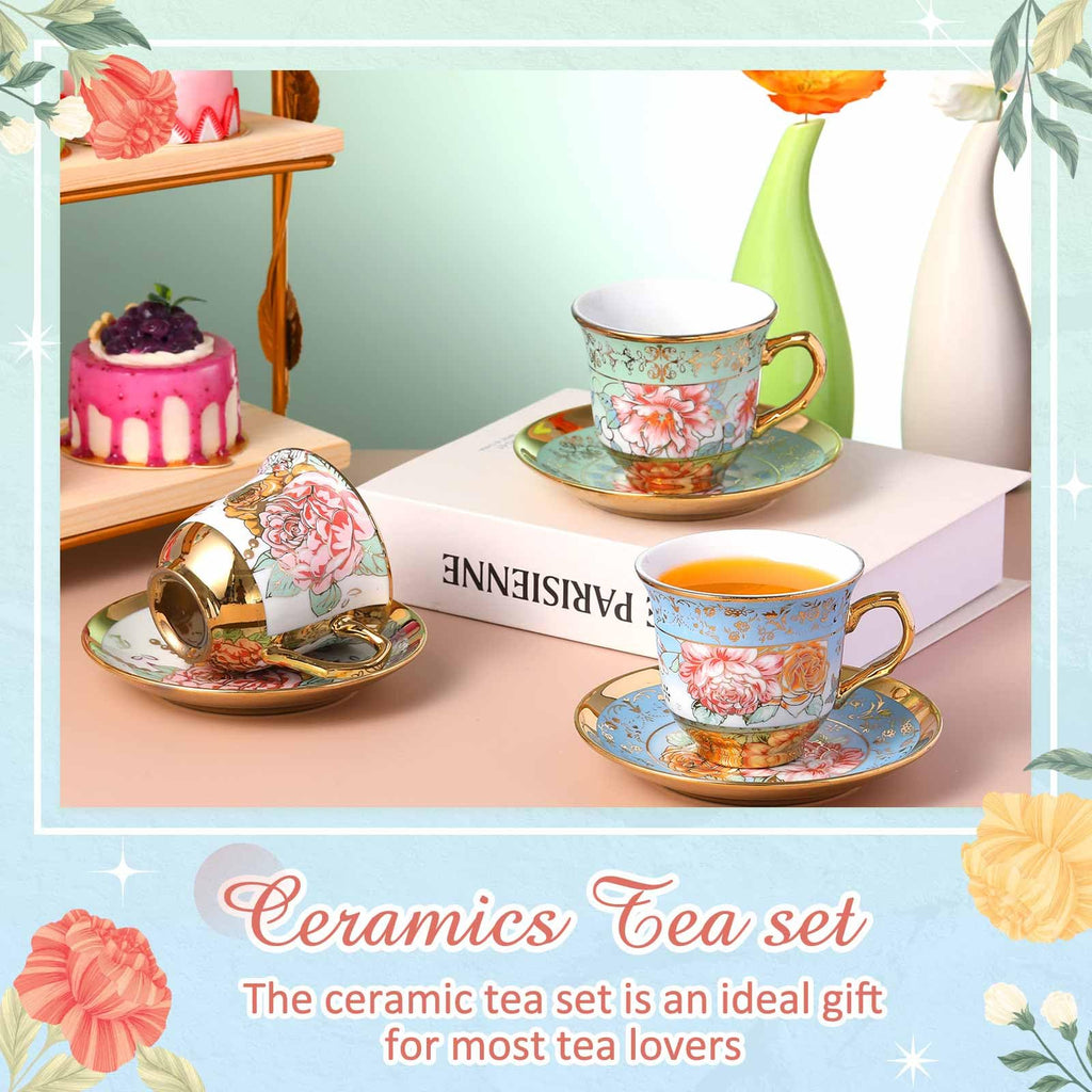 Teenyyou Set of 18 Tea Cups and Saucers Tea Party Decorations Floral Porcelain 5.4 oz British Gift for Women Birthday Party, Church, and Mother's Day (Classic Style)