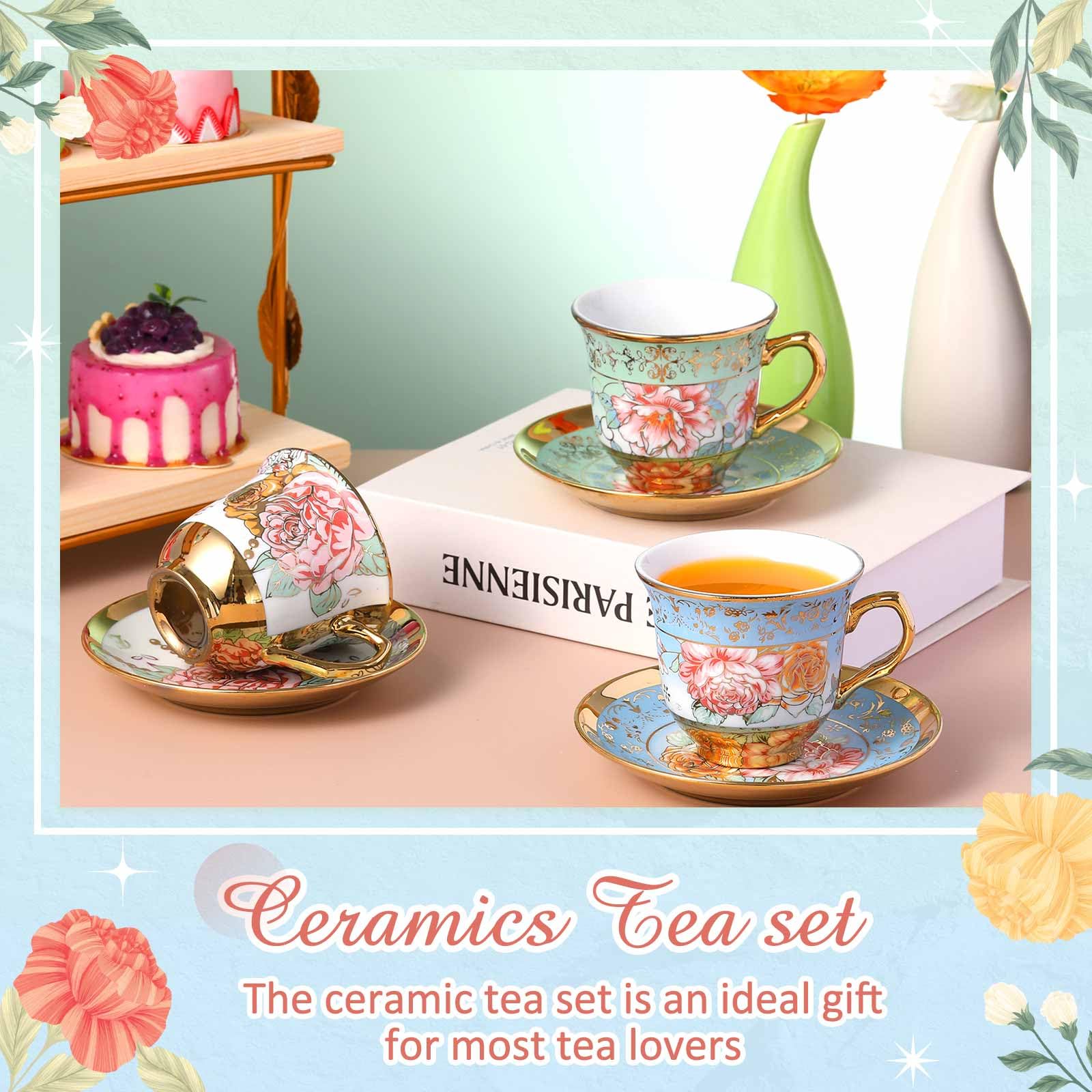 Teenyyou Set of 18 Tea Cups and Saucers Tea Party Decorations Floral Porcelain 5.4 oz British Gift for Women Birthday Party, Church, and Mother's Day (Classic Style)