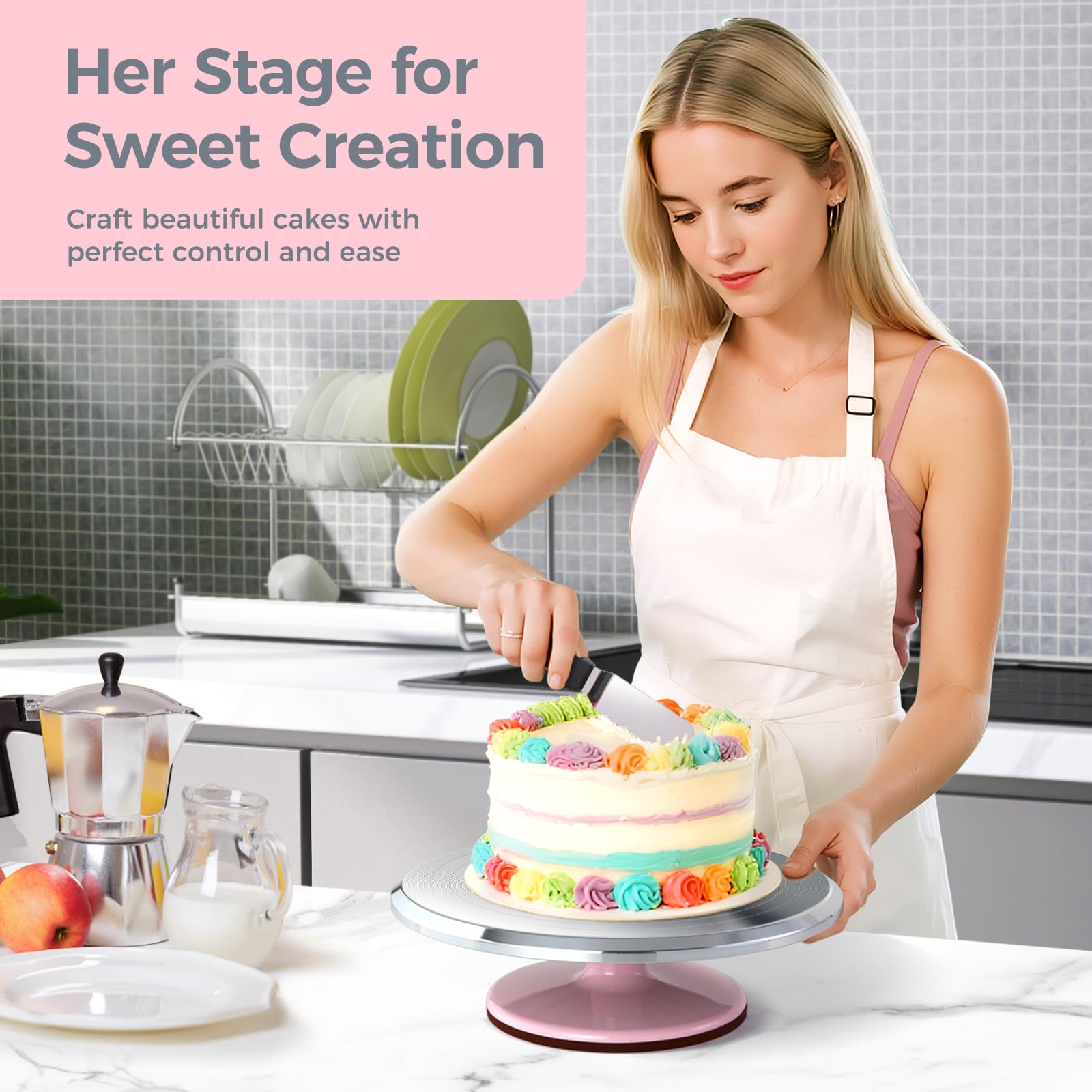 Ohuhu Cake Turntable, Aluminium 12'' Cake Decorating Kit Supplies Rotating Stand Revolving Spinner with 2 Icing Spatula 3 Comb Smoother Perfect Gifts