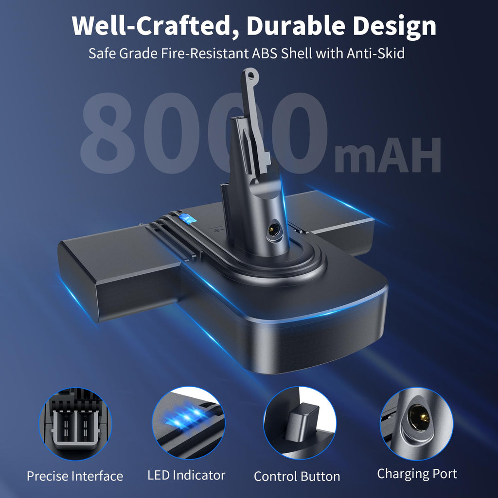 OLINDR 8000mAh Replacement Battery for Dyson V8 | 21.6V Li-ion Battery | Compatible with Dyson SV10 V8 Animal/Absolute/Fluffy/Motorhead/Carbon Fiber Cordless Handheld Vacuum Cleaners