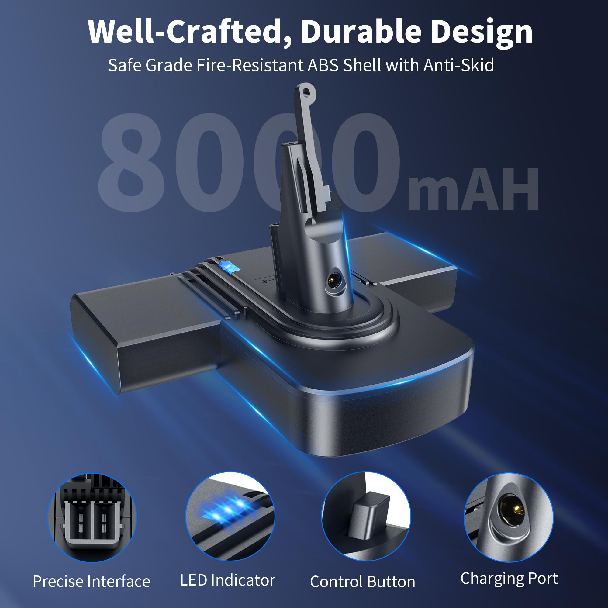 OLINDR 8000mAh Replacement Battery for Dyson V8 | 21.6V Li-ion Battery | Compatible with Dyson SV10 V8 Animal/Absolute/Fluffy/Motorhead/Carbon Fiber Cordless Handheld Vacuum Cleaners