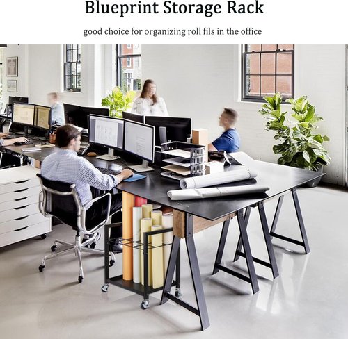 Blueprint Storage Rack - Metal Blueprint Holder Cart with Wheels | 12 Slots for Home & Office (Black)