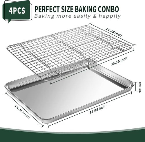 CEKEE Jelly Roll Pan Set - Stainless Steel Baking Sheet with Cooling Racks | Nonstick, Rust-Proof, 15.94 x 12 x 1 Inch