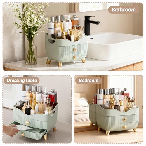 Makeup Organizer for Vanity, Large Capacity Skincare Cosmetic Organizer Countertop with 2 Drawers, Cosmetic Display Cases Makeup Storage Box for Bedroom, Bathroom, Ideal Gifts for Women(Green)