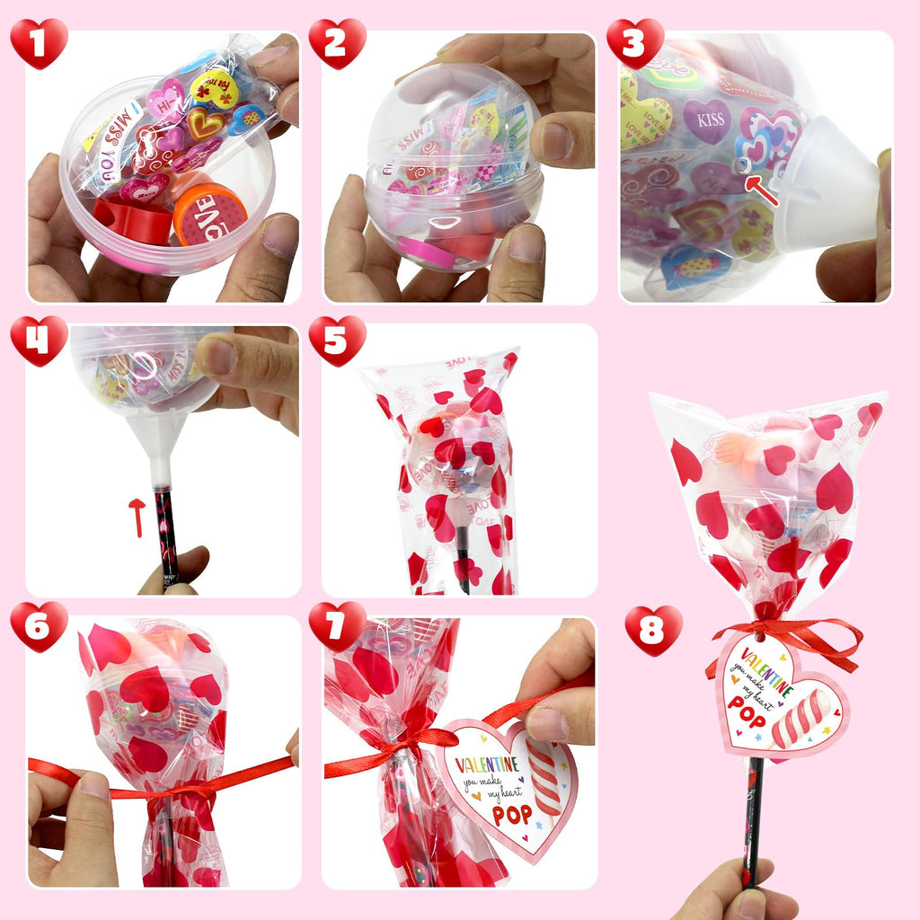 JJXUANER 24 Pack Valentines Day Gifts, Valentine's Day Gifts with Valentines Cards Pencils Stickers Erasers Stampers