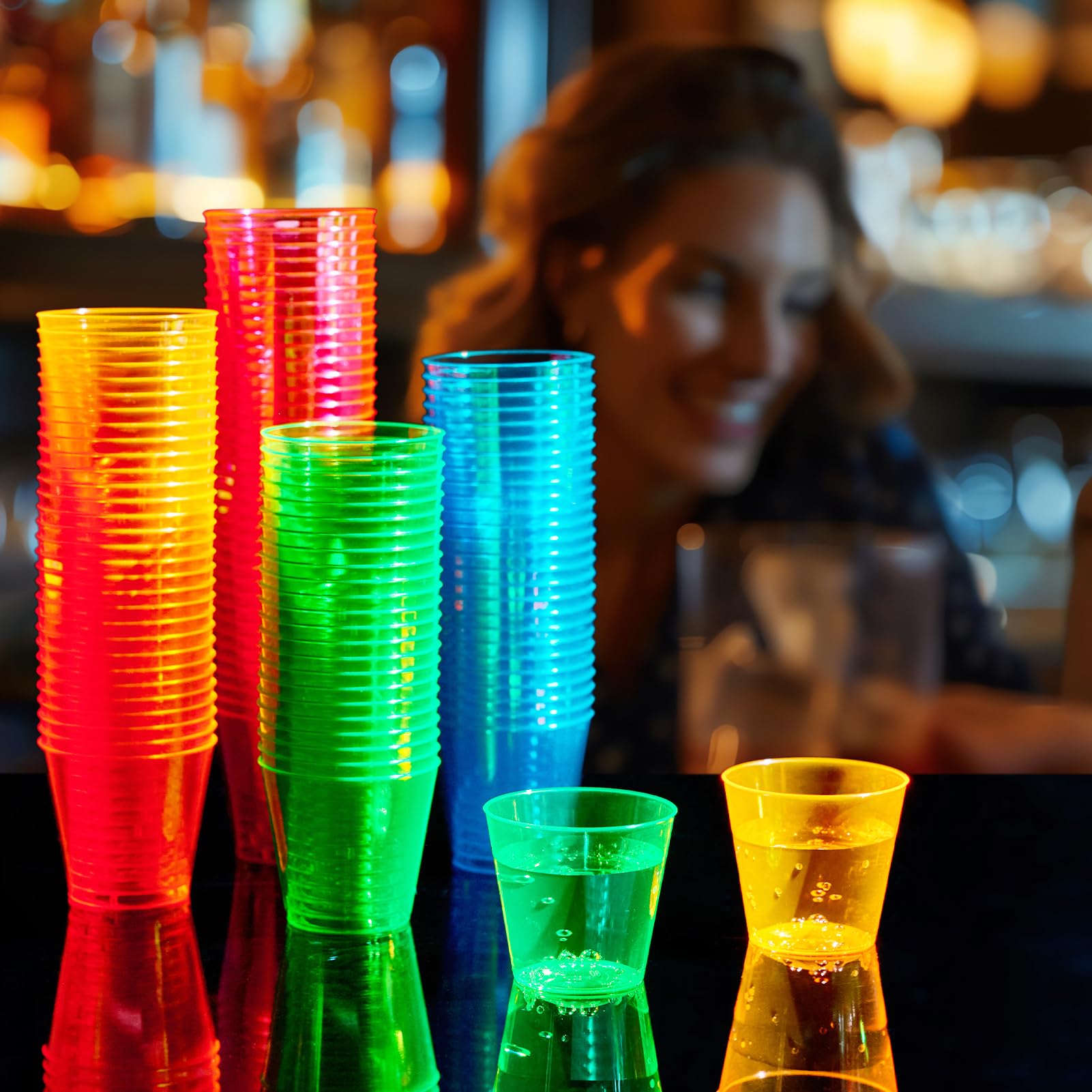 300Pack 1 Oz Plastic Shot Glasses Set, Neon Party Mini Shot Glasses Bulk, Durable and Reusable, Small Disposable Plastic Cups for Vodka, Whiskey, and More