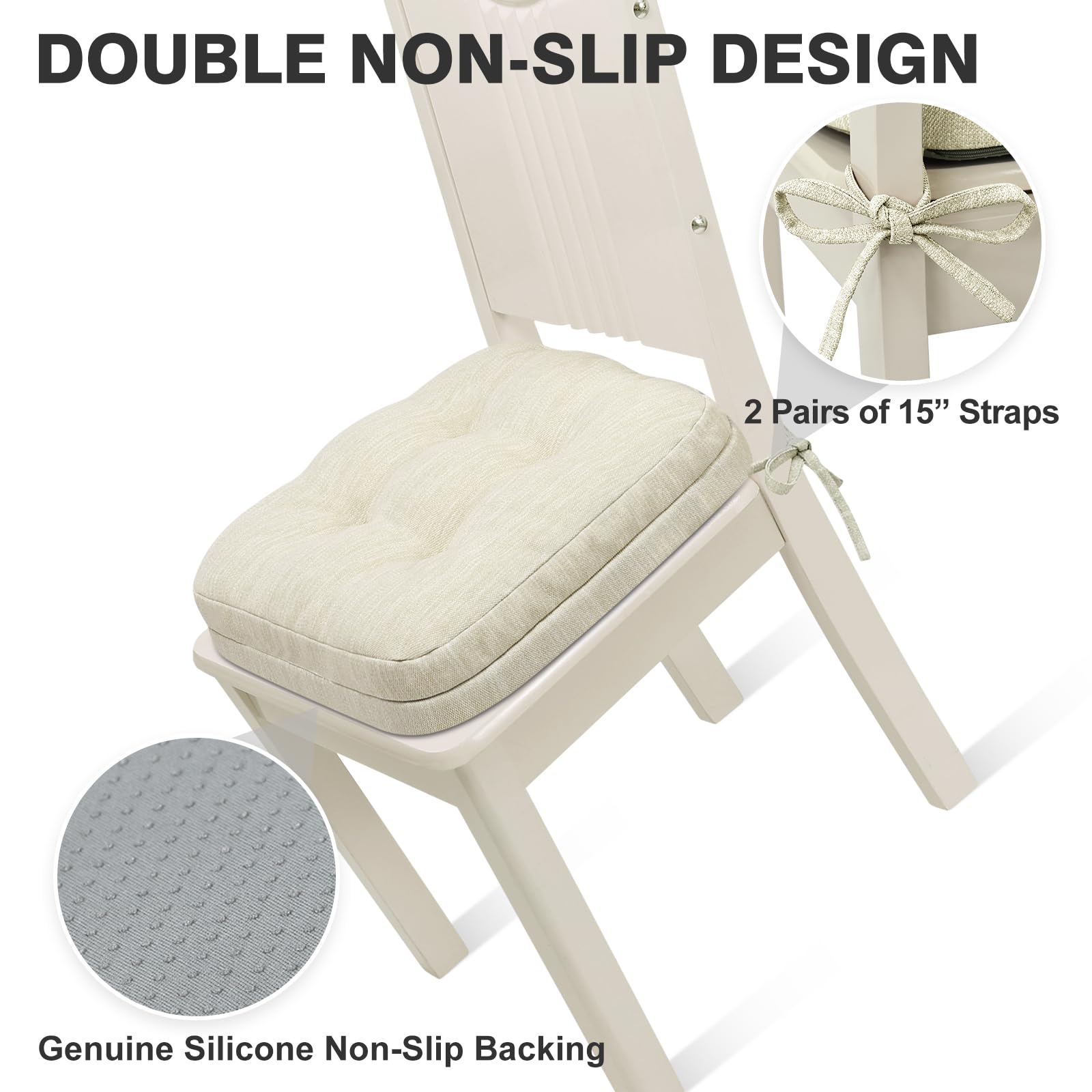 Shinnwa Dining Chair Cushions Set of 4, Dual-Layer Memory Foam Kitchen Chair Cushions, Patented Design Seat Pads with Ties, 16.5 x 16.5 x 3.5in, 4 Pack, Ivory