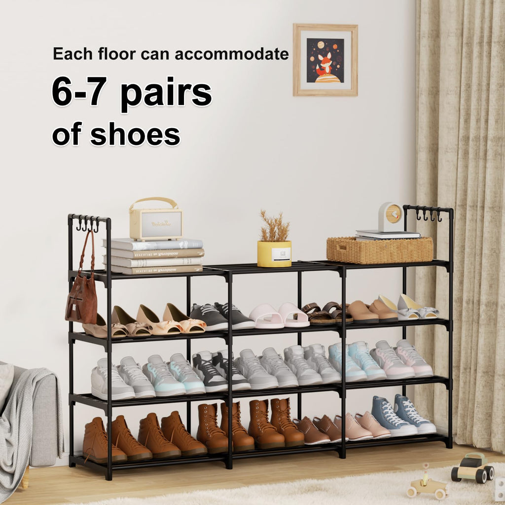 DYJIEKAI 3 Row 4 Tier Long Shoe Rack, Black Metal Stackable Shoe Shelf with Multifunctional Hooks, Shoe Storage Hold 24-30 Pairs, Space Saving Shoe Organizer for Closet,Wide Shoe Rack