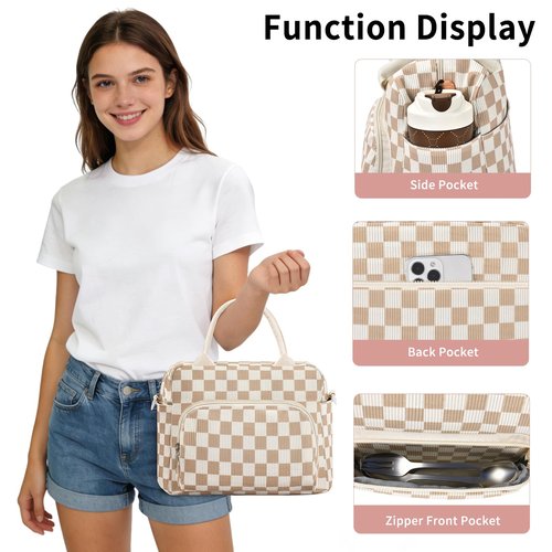 GASSDA Lunch Box for Women Insulated Lunch Bag Women Adult Cute Lunch Bags Reusable Lunchbox Cooler Tote Bag for Work Picnic (Beige-Brown Plaid)