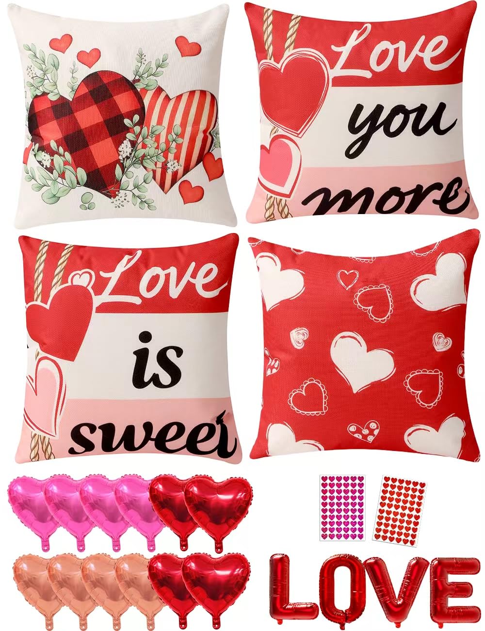 multiwins Valentine Decorations Set of 4 Double-Sided Valentine's Day Throw Pillow Covers 18" x 18", Reversible 8 Designs, with 16 pcs Heart & Love Balloons, Stickers, Complete Valentines Decor Kit