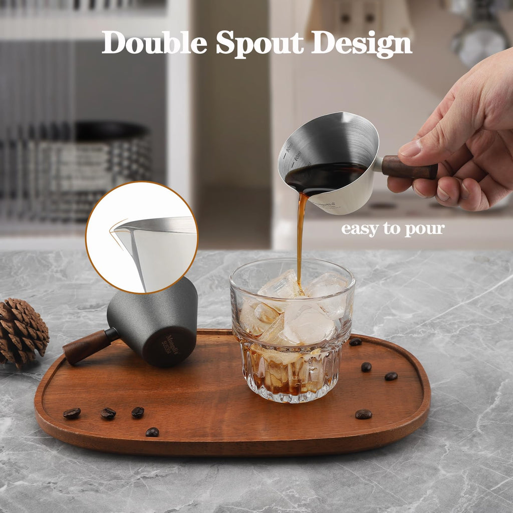 Mongdio Espresso Measuring Cup, Stainless Steel Espresso Shot Cups with Wooden Handle and Double Spouts, 3.4OZ/100ML, White