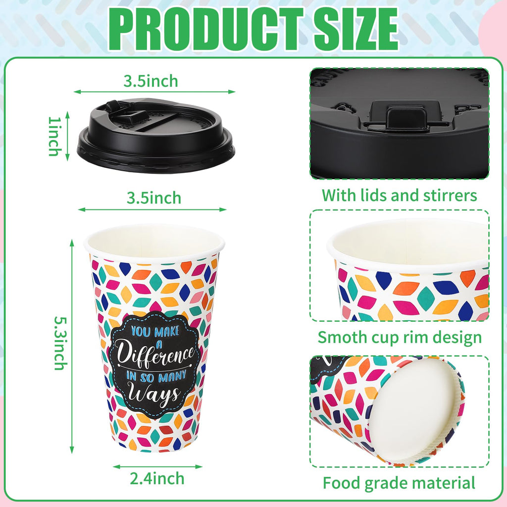 Ovveroche 50 Pack 16 oz Disposable Coffee Cups with Lids,5 Motivational Encouragemen Positivity Paper Hot Cups for Hot and Cold Beverages,Coffee,Tea,Water,Juice