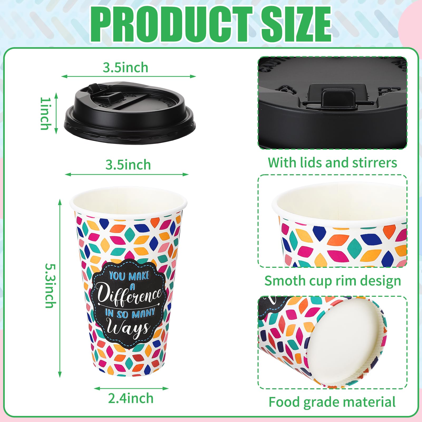Ovveroche 50 Pack 16 oz Disposable Coffee Cups with Lids,5 Motivational Encouragemen Positivity Paper Hot Cups for Hot and Cold Beverages,Coffee,Tea,Water,Juice