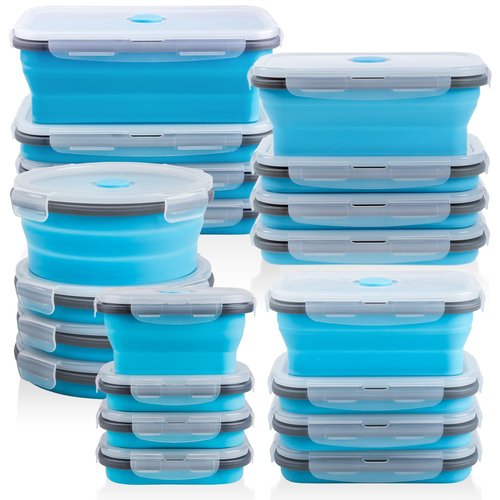Collapsible Food Storage Containers with Lid, Bundle of Rich Size, 20 Pack, Kitchen Stacking Silicone Collapsible Meal Prep Container Set for Leftover, Microwave Freezer Dishwasher Safe, Blue