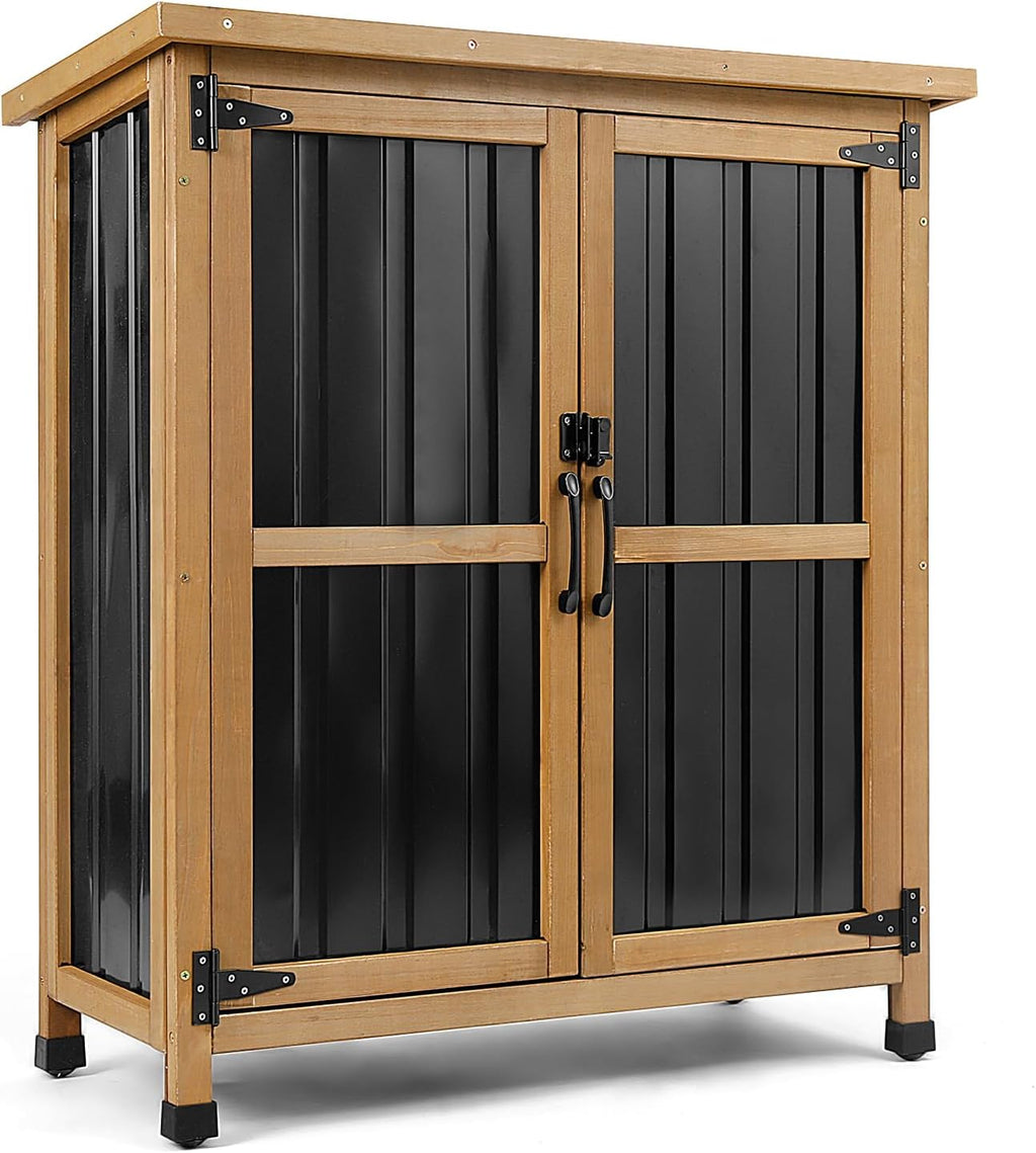 PetsCosset Weatherproof Outdoor Storage Cabinet - Lockable Wood & Metal Shed for Tools, Lawn Equipment & Pool Accessories