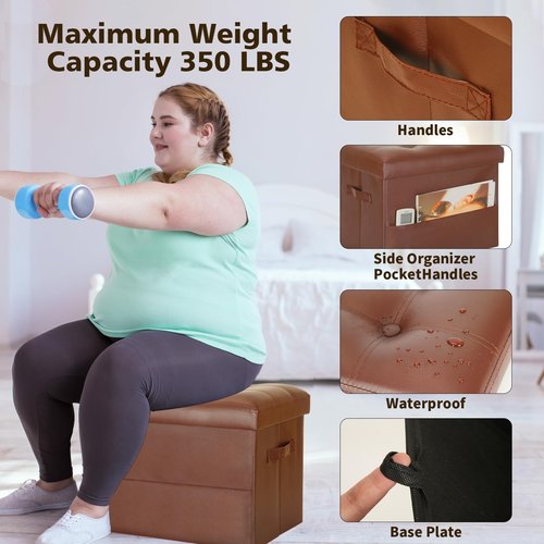 BelugaHelper Storage Ottoman Foot Rest Stool. Folding Ottoman with Storage with Thicker Foam Padded Seat. 330 lbs Footstool Bench for Living Room, Bedroom, Home Office Table, 17x13x13in, Light Brown