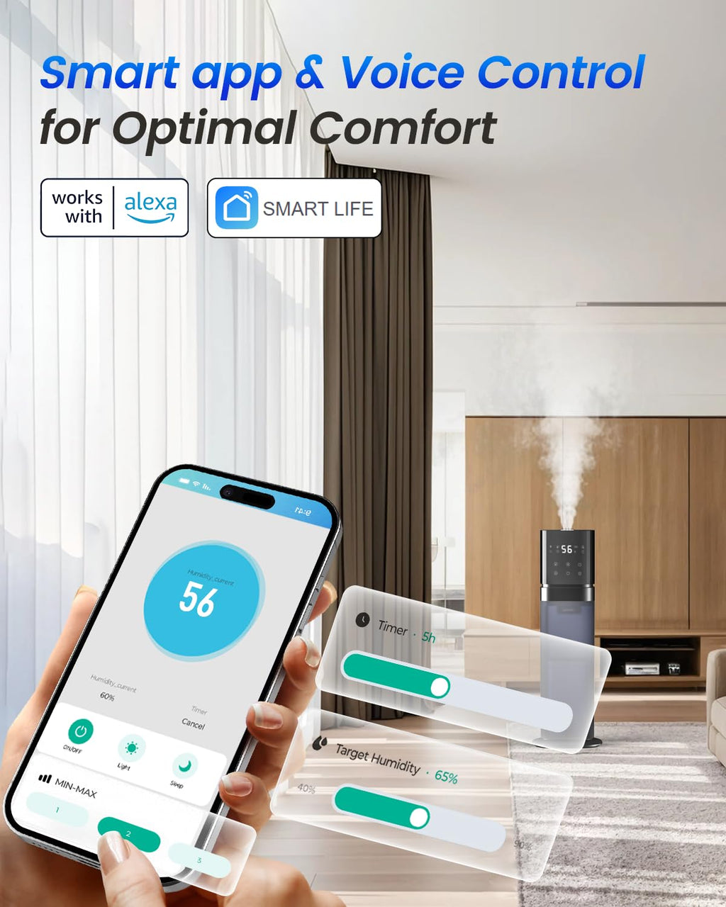 AILINKE Humidifiers for Bedroom 2.1Gal/8L, Smart Humidifier for Large Room, Cool Mist Humidifiers for Home Kids Plants, Top Fill Humidifier with Extension Tube, WIFI APP & Voice Control, Dark Blue