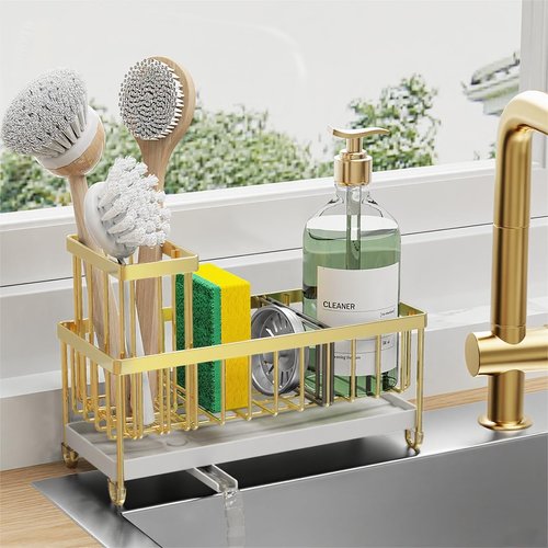 Cisily Kitchen Sink Caddy Organizer - Rustproof 304 Stainless Steel Sponge Holder (Gold, 9.25")