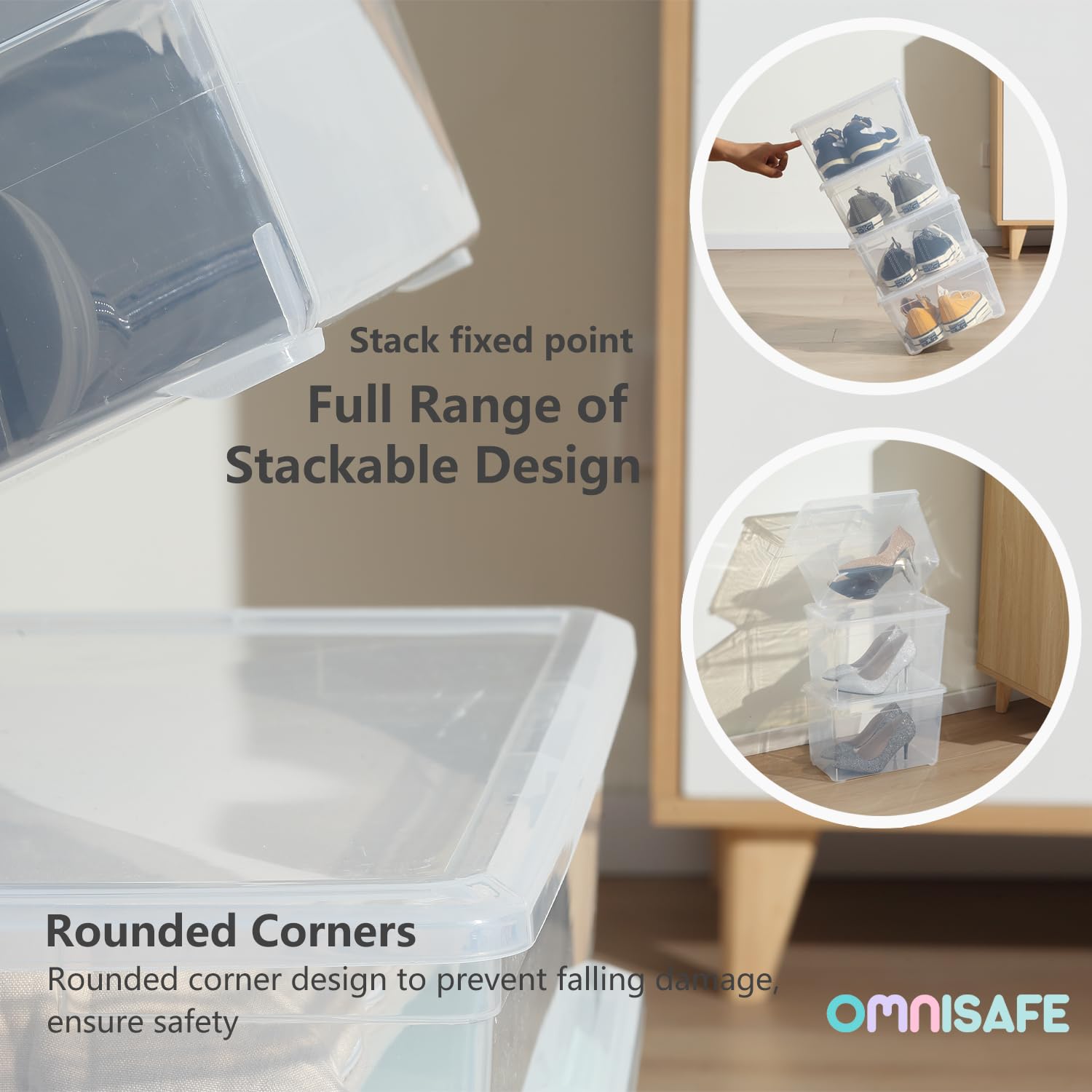 OMNISAFE Stackable Plastic Storage Shoebox, BPA-Free Nestable Container with Latching Lid to Organize Shoes, See-Through Box for Home and Office, Multi-Purpose Clear Bins (12 Pack 6 Quart)