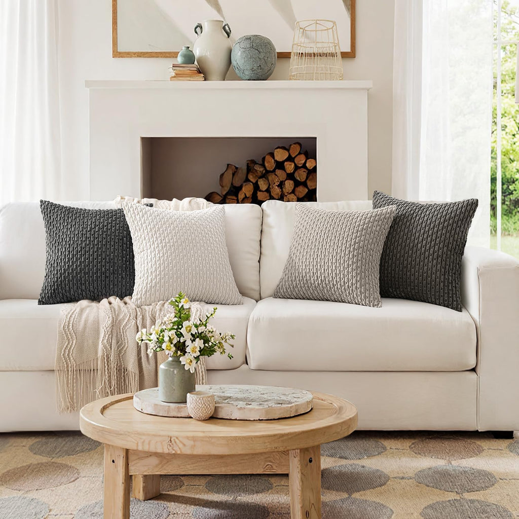 MIULEE Decorative Throw Pillow Covers - Neutral Grey Striped Design | Set of 4, 18x18 Inch Soft Corduroy for Modern Home Decor