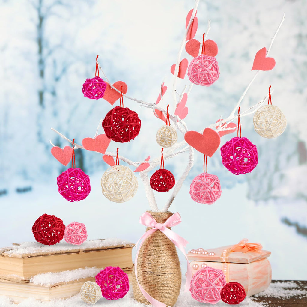GuassLee 24Pcs Valentine's Day Decorative Rattan Balls, Pink Red Grey Wicker Balls Decorations for Valentine's Day Decor Centerpiece DIY Crafts Vase Bowl Orbs Filler Wedding Home Decor, 1.2"/2"/2.4"