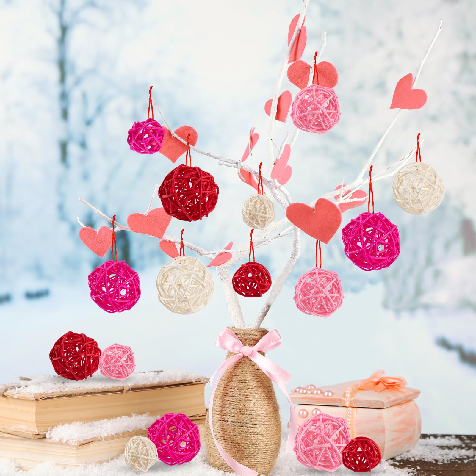GuassLee 24Pcs Valentine's Day Decorative Rattan Balls, Pink Red Grey Wicker Balls Decorations for Valentine's Day Decor Centerpiece DIY Crafts Vase Bowl Orbs Filler Wedding Home Decor, 1.2"/2"/2.4"