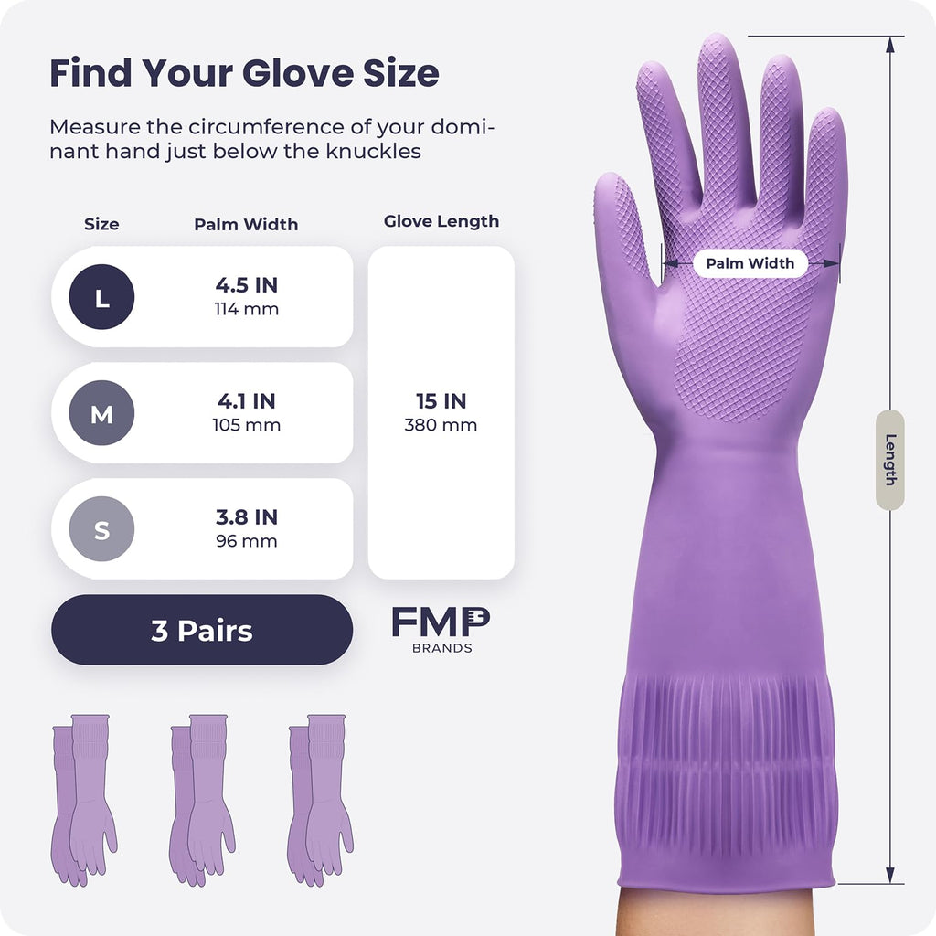 FMP Brands 3 Pairs 15 Inch Extra Long Rubber Dishwashing Gloves - Non-Slip for Cleaning, Kitchen, Bathroom, Gardening (Medium, Purple)