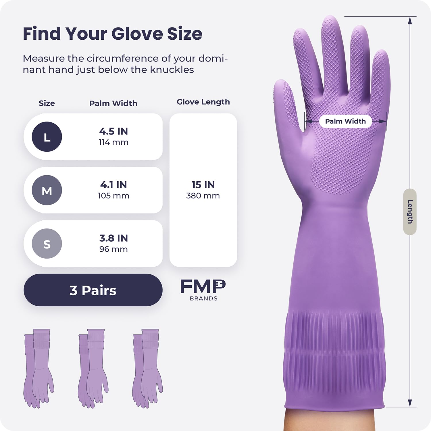 FMP Brands 3 Pairs 15 Inch Extra Long Rubber Dishwashing Gloves - Non-Slip for Cleaning, Kitchen, Bathroom, Gardening (Medium, Purple)