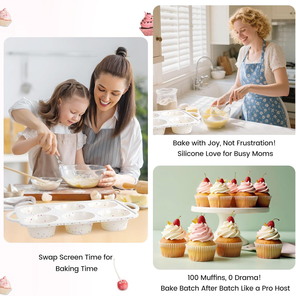 Skiennix Jumbo Muffin Pan Set - Non-Stick Food Grade Silicone | 6 Cup with Metal Frame & Handles, BPA-Free