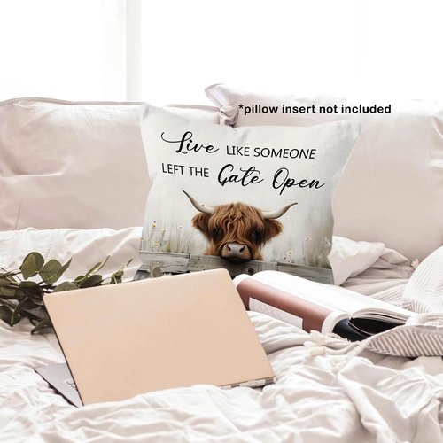 MONALET Highland Cow Farmhouse Throw Pillow Covers 18x18, Live Like Someone Left The Gate Open Decor Pillow Cases for Bedroom Living Room, Rustic Hyland Highland Cow Gifts Pillowcases for Couch Bed