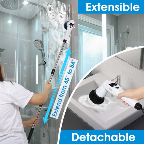 Electric Spin Scrubber, Shower Scrubber with Long Handle, Rechargeable Cordless Power Scrubber, Retractable & Adjustable Angle Spin Brush for Cleaning Bathroom/Tub/Floor/Tile (Black-White)