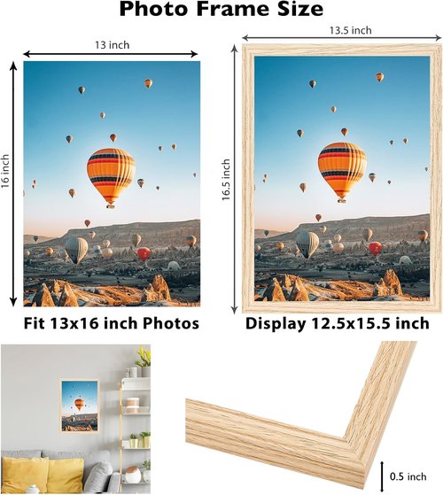 JCJMY 13x16 Picture Frame - Wall Mountable for Horizontal or Vertical Display | Shatter-Resistant Plexiglass, Natural Finish