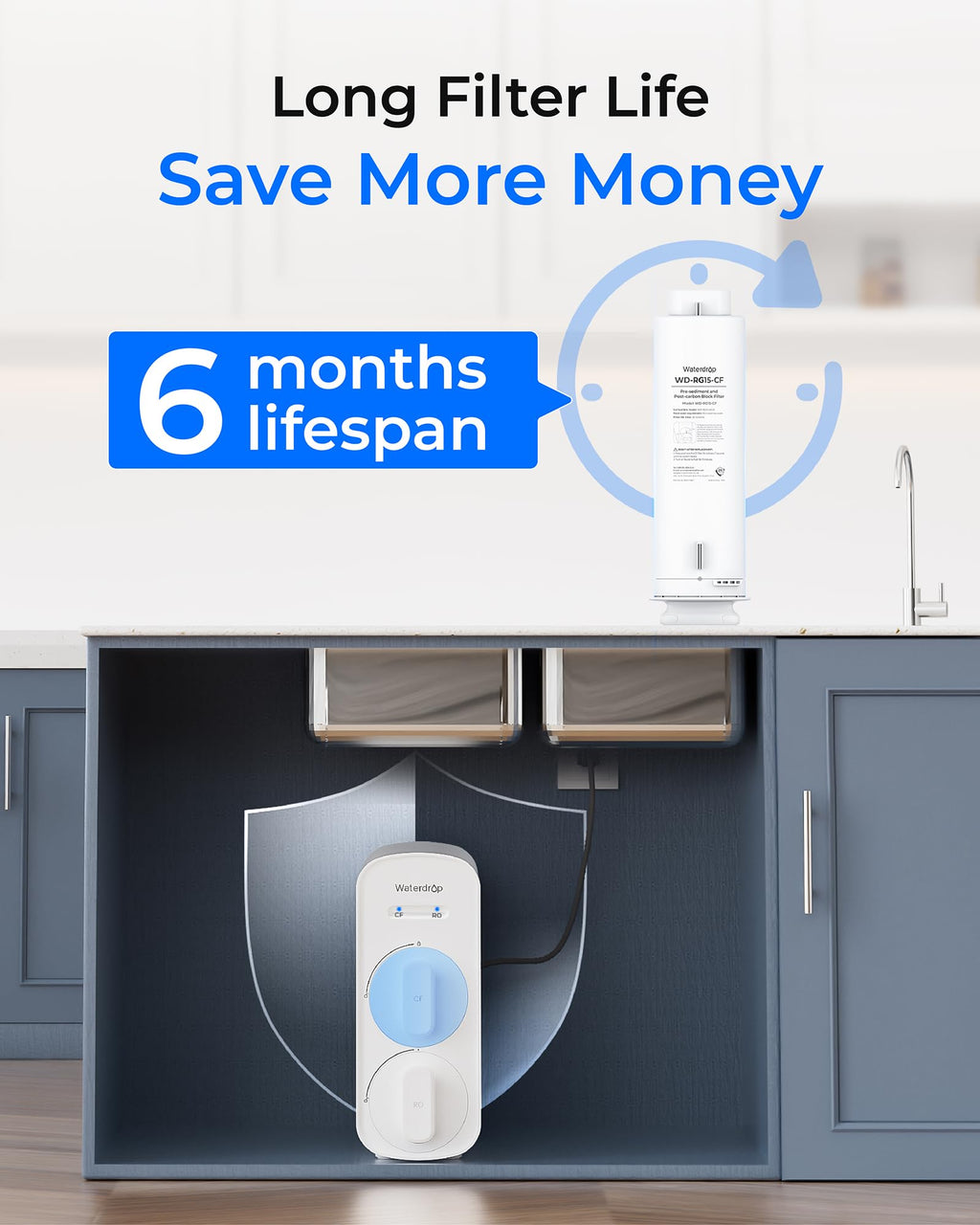 Waterdrop G5P500-CF Filter, Replacement for Waterdrop G5P500 Undersink Reverse Osmosis System, 6-month Lifetime