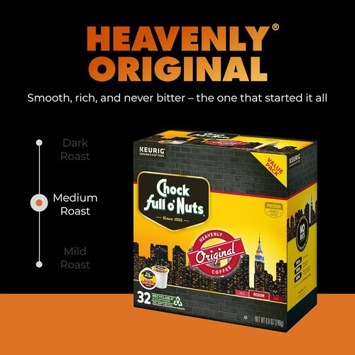 Chock Full o' Nuts K-Cup Pods - Heavenly Original Medium Roast Coffee - 32 Single Serve Pods