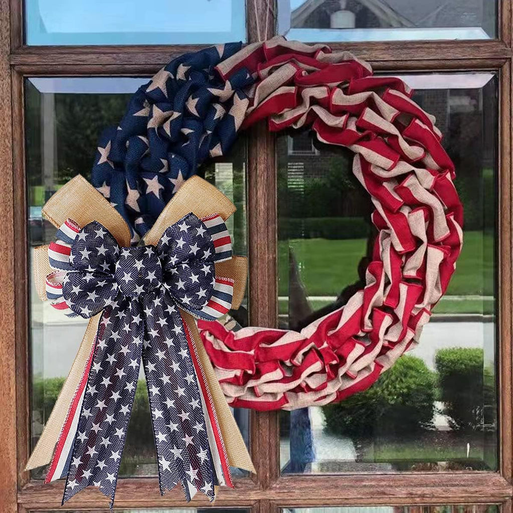 Skiennix Patriotic Decor Bow - Burlap Red, White & Blue Stripe Stars for Wreaths & Tree Toppers
