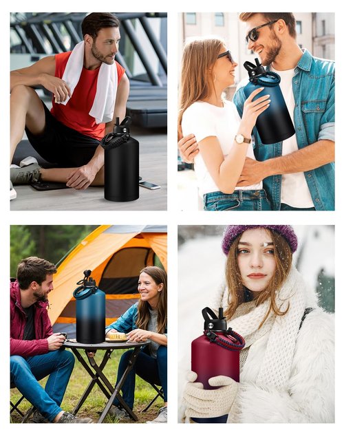 BENZZO 64 oz Water Bottle Insulated Leak Proof Travel Large 1/2 Half Gallon Water Jug Black for Christmas
