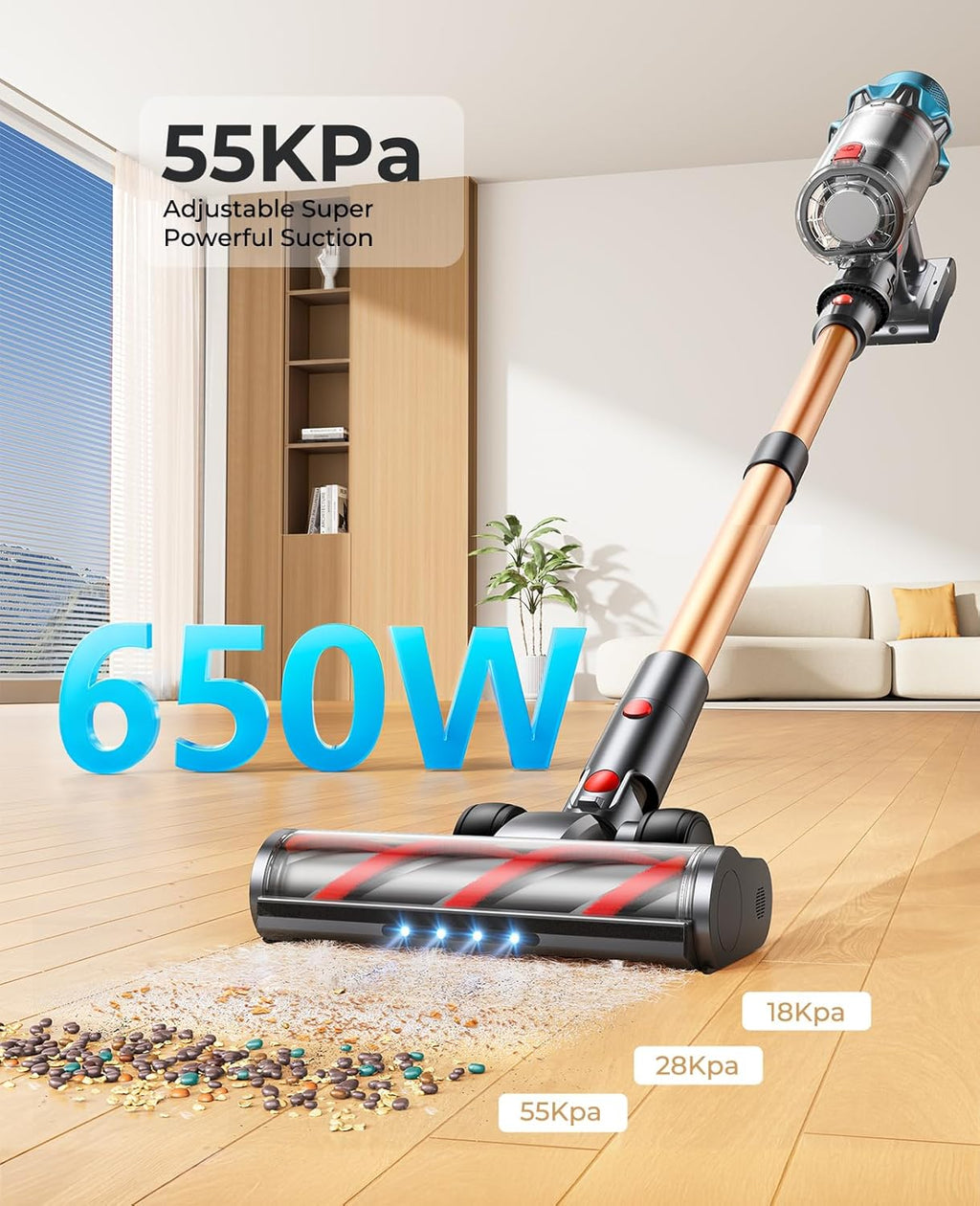 Skiennix Cordless Vacuum Cleaner - 650W Power, 70 Min Runtime, Self-Standing Design | 6-in-1 for Carpet & Pet Hair