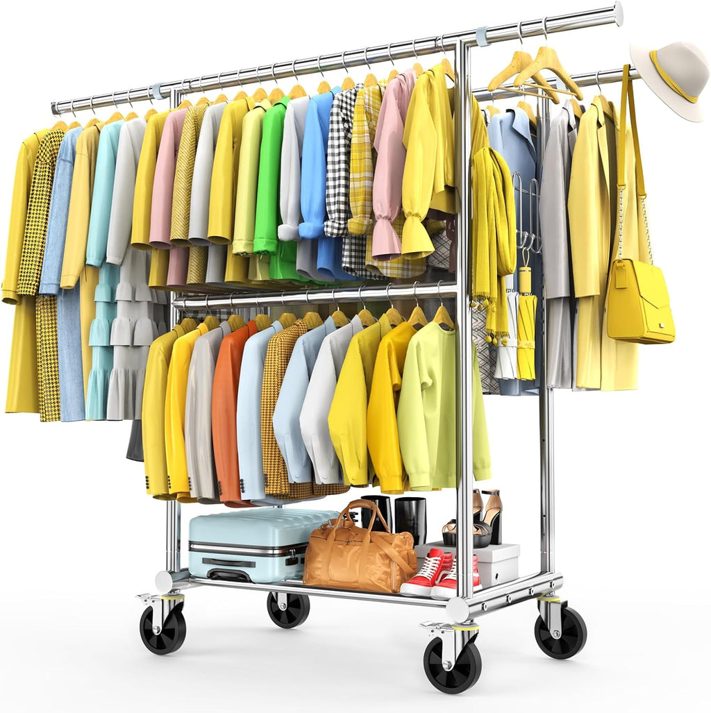 Skiennix Heavy-Duty Stainless Steel Clothes Rack - 960LBS Capacity, Extendable & Portable with Wheels