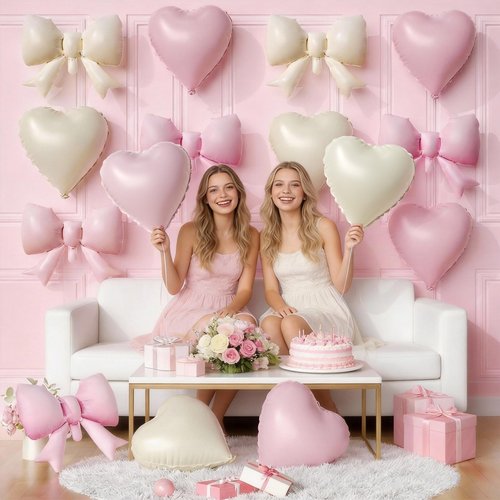 20 PCS Pink Cream Heart Balloons, Pink Bow Balloons, 18 Inch Heart Shaped Balloon 21 Inch Bow Balloon for Girls Women Birthday Valentines Wedding Engagement Galentine's Day Bridal Baby Shower Party