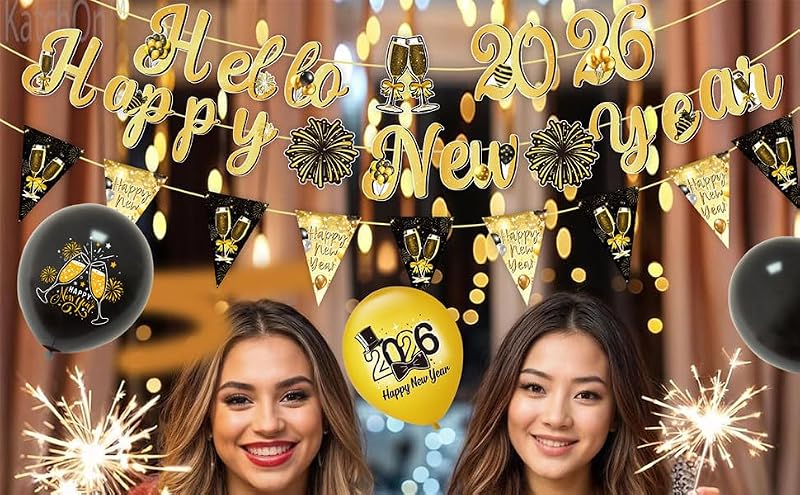 2026 Happy New Year Banner Glitter Gold and Black NYE Party Decorations
