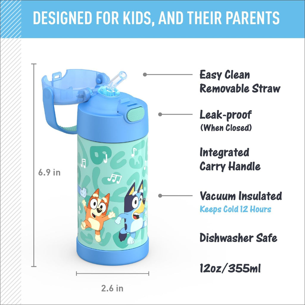 THERMOS FUNTAINER Water Bottle - 12 Ounce Kids Stainless Steel Vacuum Insulated - Bluey Design (Pack of 6)