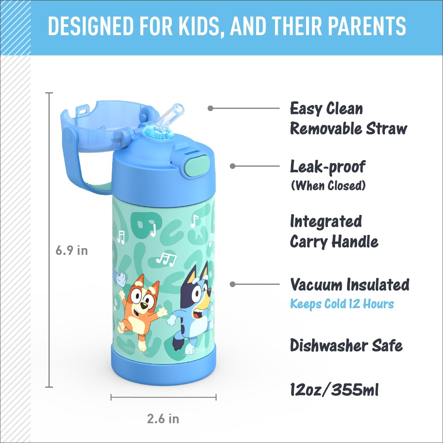 THERMOS FUNTAINER Water Bottle - 12 Ounce Kids Stainless Steel Vacuum Insulated - Bluey Design (Pack of 6)