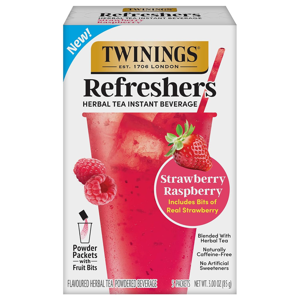 Twinings Herbal Tea Refreshers - Strawberry Raspberry Flavor with Real Fruit Bits | Caffeine-Free, 5 Pack