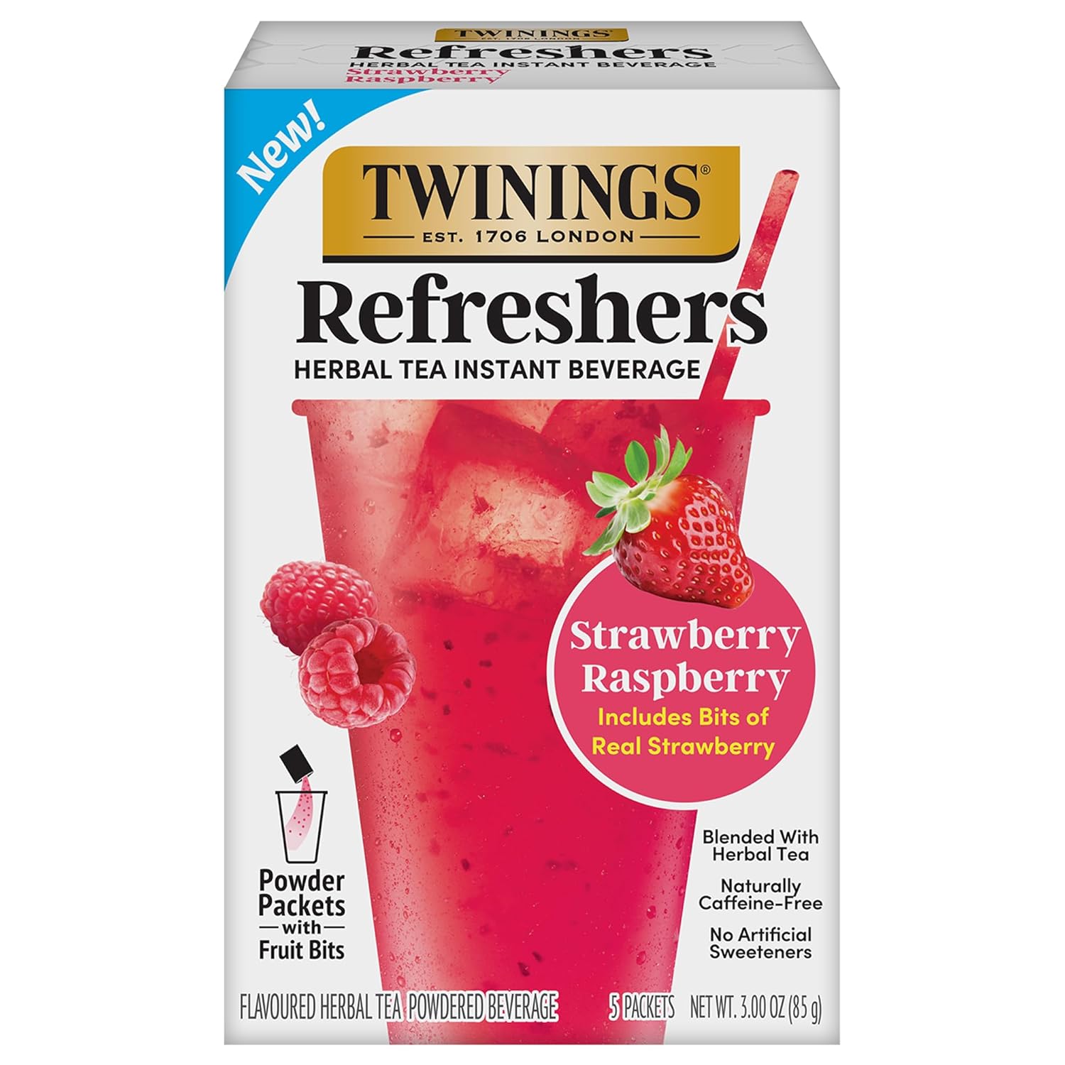 Twinings Herbal Tea Refreshers - Strawberry Raspberry Flavor with Real Fruit Bits | Caffeine-Free, 5 Pack