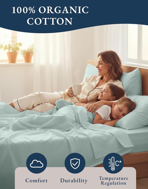 LANE LINEN 100% Organic Cotton Queen Sheet Set - Eco-Friendly, Fade Resistant, French Blue