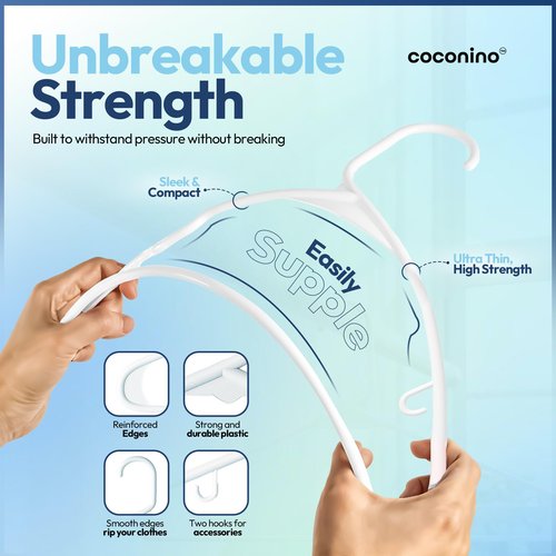coconino Plastic Hangers 20 Pack - Non-Slip Clothes Hangers with Built-in Hooks - Heavy Duty Space Saving Coat Hangers for Closet - Durable Clothing Hanger for Shirts, Pants, Dress, Coats - White
