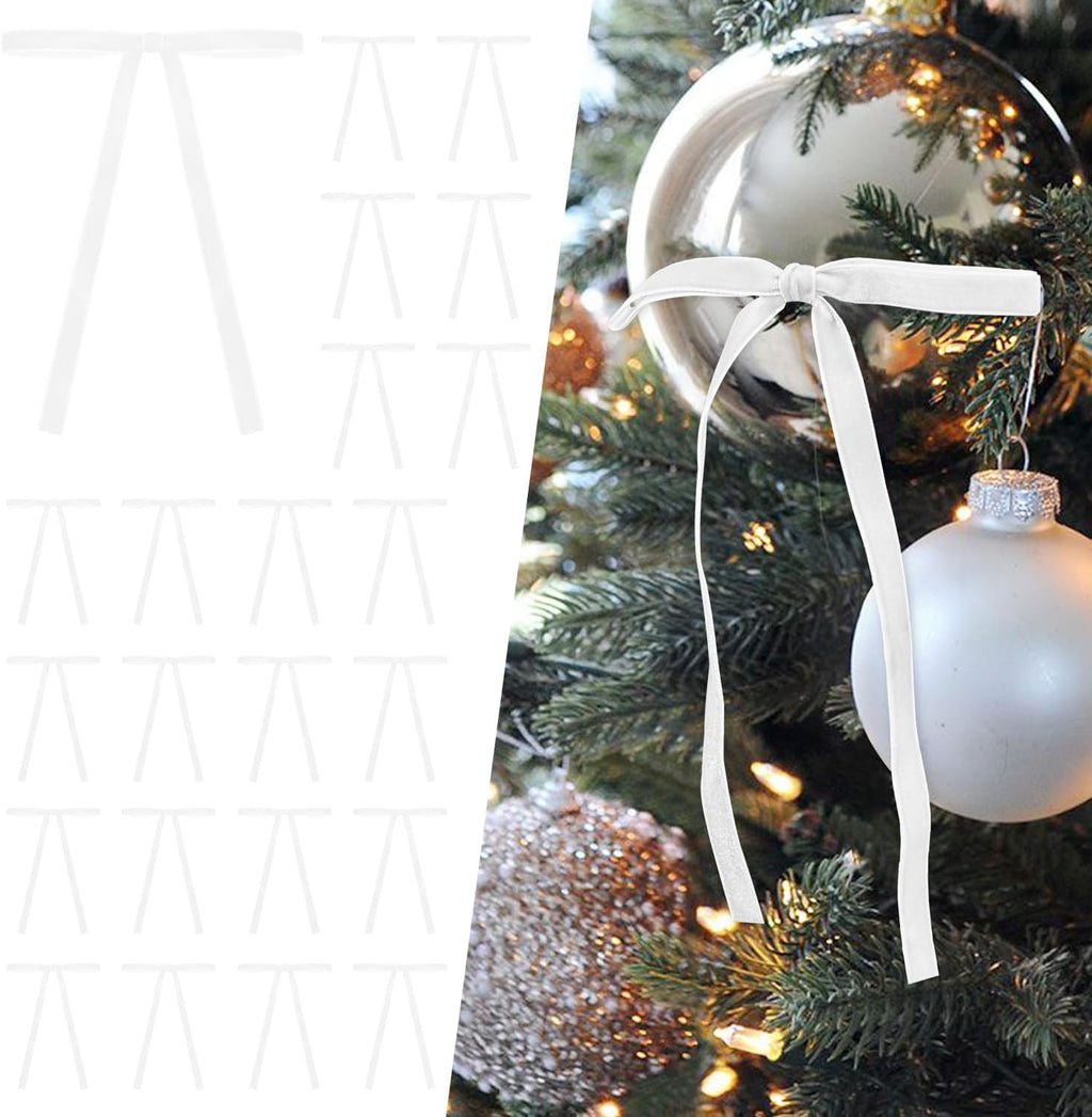 SIMISI Velvet Ribbon Bows - 24Pcs White Christmas Decorations for Tree, Wreath & Garland (3/8'' Width, 5x7 Inch)