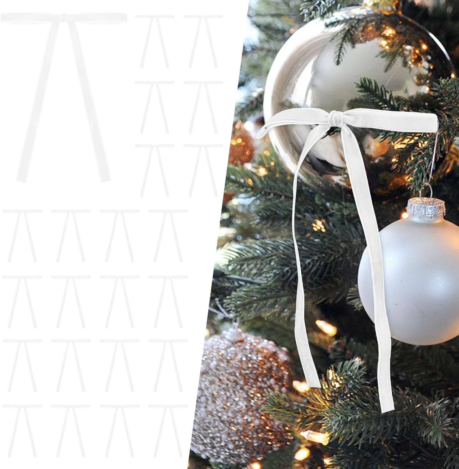 SIMISI Velvet Ribbon Bows - 24Pcs White Christmas Decorations for Tree, Wreath & Garland (3/8'' Width, 5x7 Inch)